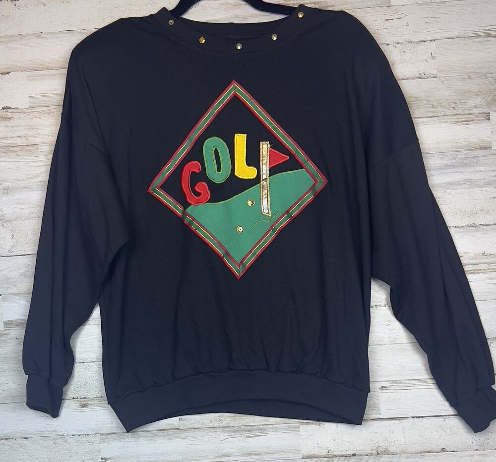 VTG KJG & Co Womens Golf Sweatshirt Sz S USA Applique Studded 80s Shoulder Pad